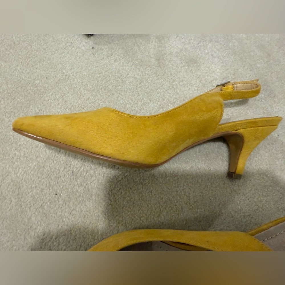 Greatonu Mustard Yellow Suede Pointed Slingback Kitten Heels